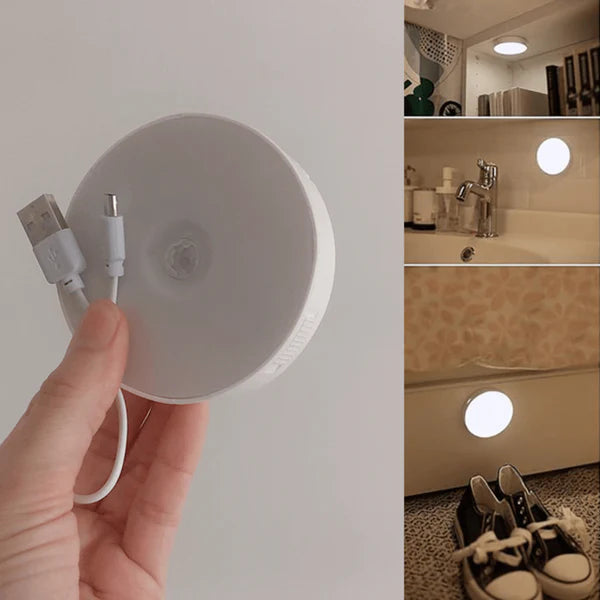 Luz LED recargable con sensor de movimiento, instalada en baño y pasillo