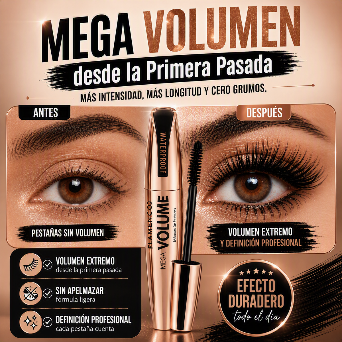2 Máscaras de Pestañas Waterproof Mega Volumen — Efecto Dramático Todo el Día