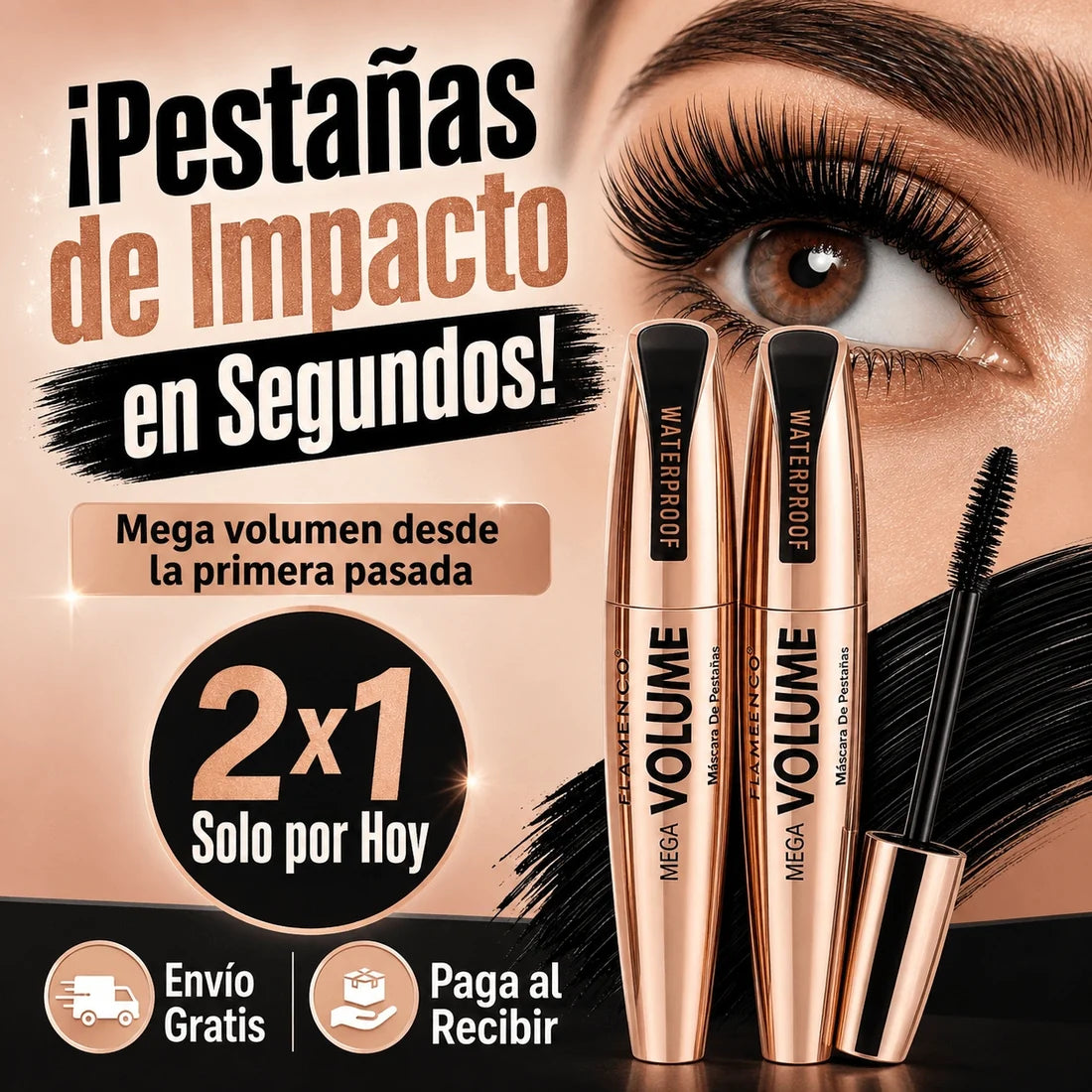 2 Máscaras de Pestañas Waterproof Mega Volumen — Efecto Dramático Todo el Día