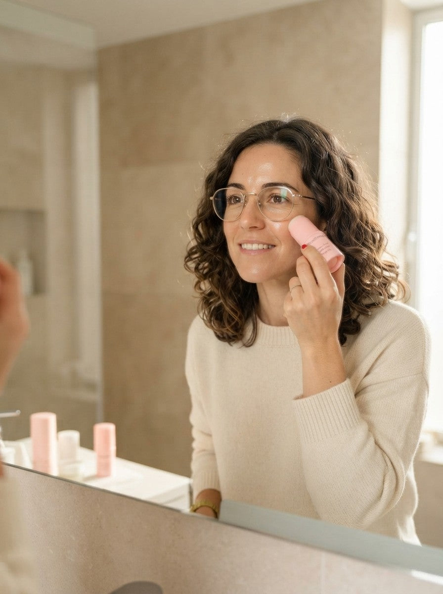 Mujer aplicándose el bálsamo facial en barra frente al espejo
