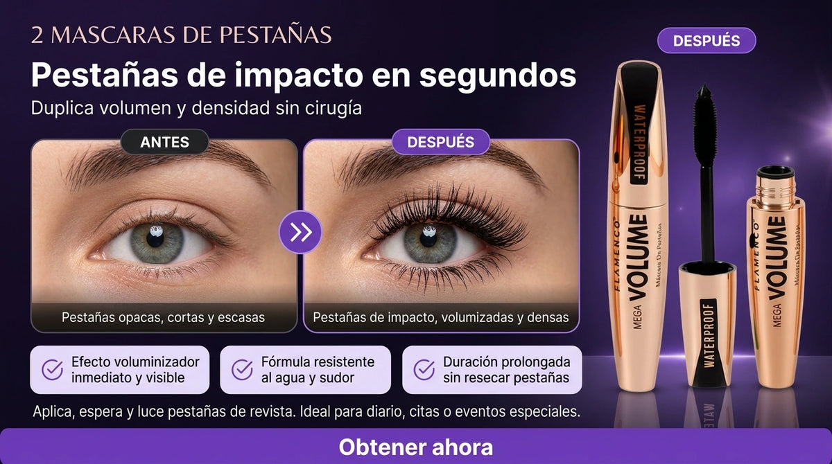 2 Máscaras de Pestañas Waterproof Mega Volumen — Efecto Dramático Todo el Día