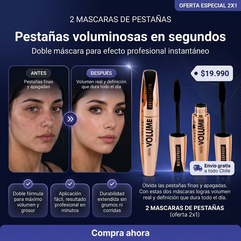 2 Máscaras de Pestañas Waterproof Mega Volumen — Efecto Dramático Todo el Día